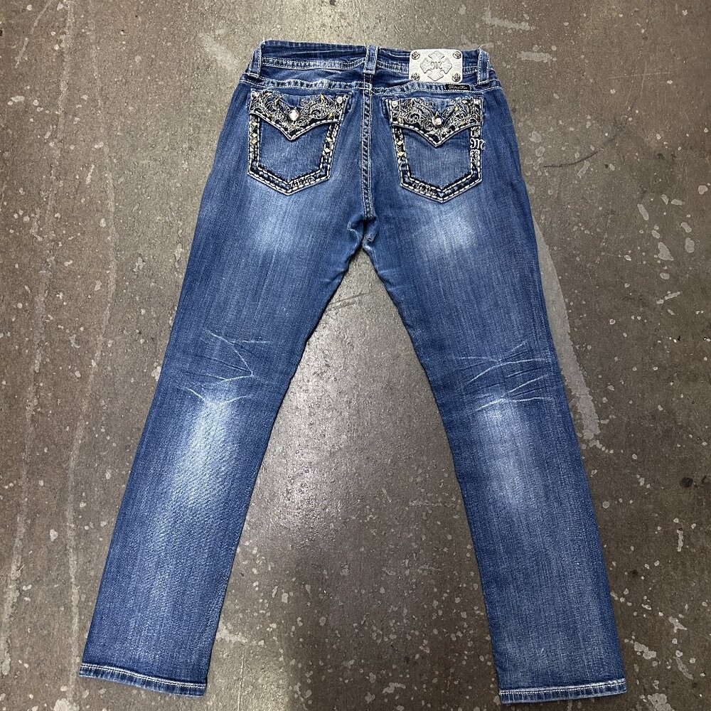 Miss Me Straight Leg Jeans Womens Size 30 Blue Wash Rhinestone Pockets